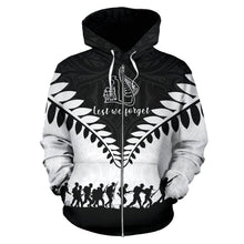 Load image into Gallery viewer, New Zealand Lest We Forget Zip Up Hoodie Black White